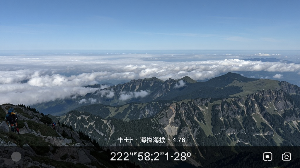 实时海拔表海拔水印相机拍摄的登山照片,主体为风景画面加底部海拔水印,布局为横向构图,排版文字清晰,风格自然,细节展现山脉与云海,画质细腻,干净无多余元素
