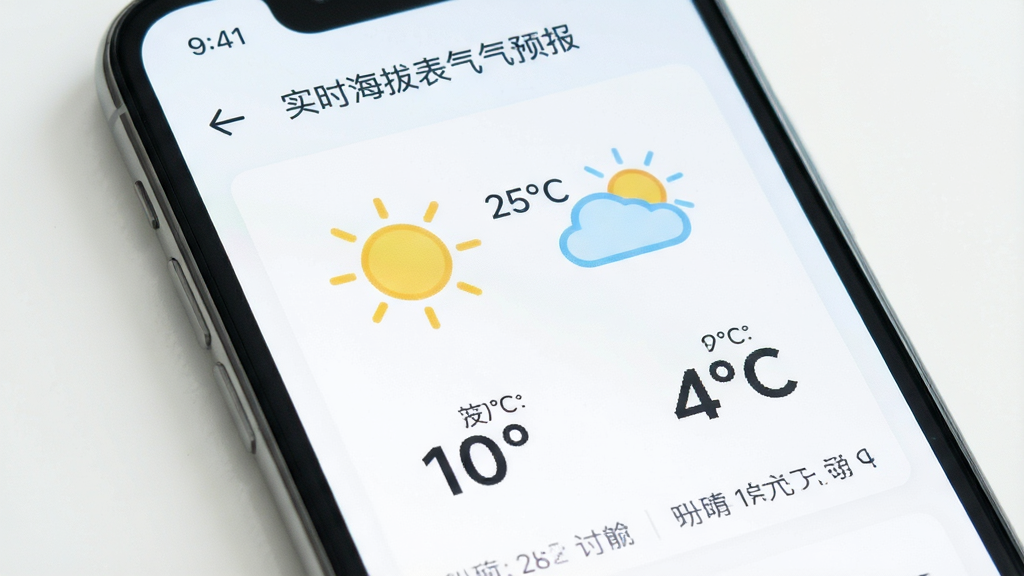 实时海拔表天气预报页面展示晴天图标与气温数据,主体为手机界面,布局简洁,排版直观,风格清新,细节显示温度数值与天气符号,画质明亮,干净无多余元素