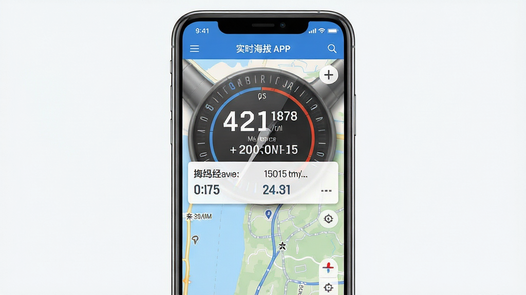 实时海拔表APP界面清晰显示海拔高度与经纬度数据,主体为手机屏幕截图,布局居中,排版简洁,风格写实,细节展示数字与地图,画质高清,干净无多余元素