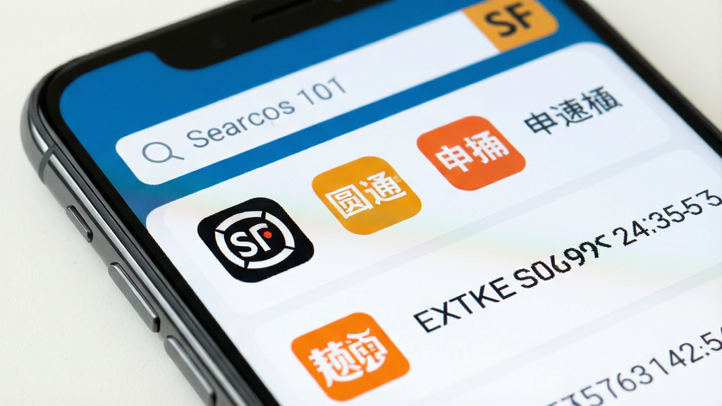 一张智能手机屏幕特写,屏幕中清晰显示物流快递速查应用的主界面,界面顶部有搜索框,下方以列表形式整齐排列着顺丰、圆通、申通等多个快递公司的彩色图标与对应单号,布局简洁,排版清晰,扁平化设计风格,细节丰富,画质干净,无多余元素