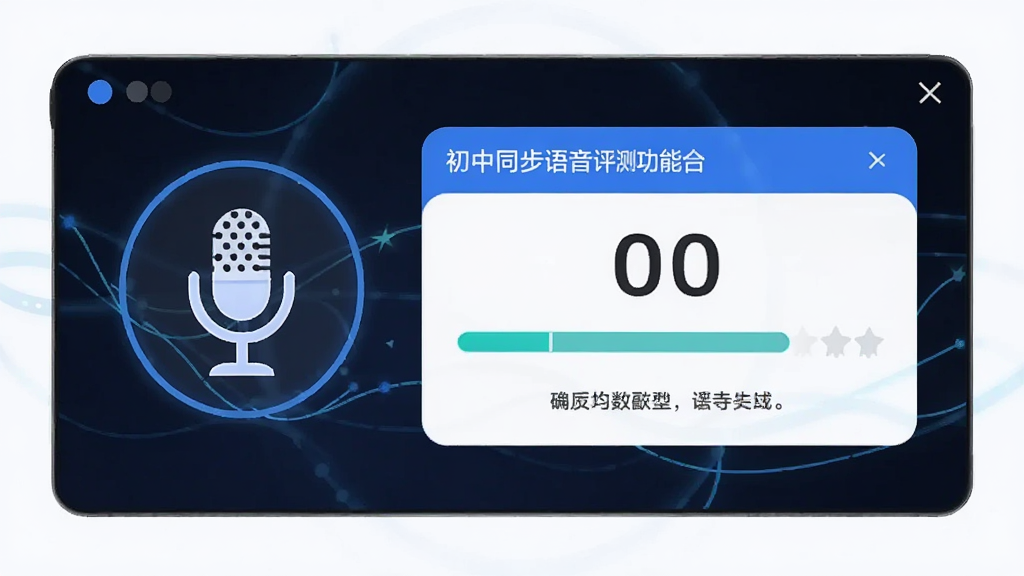 初中英语同步语音评测功能页面,主体是麦克风图标和评分界面,布局居中,排版整齐,风格科技感,细节显示分数和鼓励语,画质清晰,干净,无多余元素