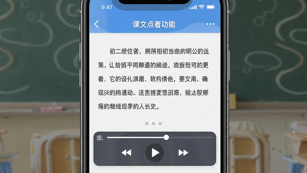 初中英语同步app界面截图,展示课文点读功能,主体为手机屏幕,布局清晰,排版简洁,风格现代,细节显示播放控制条和课文文字,画质高清,干净,无多余元素