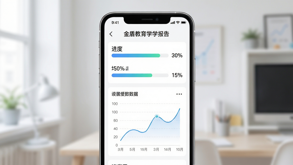 金盾教育学情报告页面,主体为手机屏幕展示学习进度条与数据图表,布局居中,排版清爽,风格数据可视化,细节包含百分比与曲线图,画质高清,干净,无多余元素
