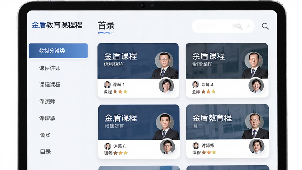 金盾教育课程列表页面,主体为平板电脑展示课程目录,布局清晰,左侧分类栏右侧课程卡片,排版简洁,风格现代教育,细节包含课程名称与讲师头像,画质高清,干净,无多余元素