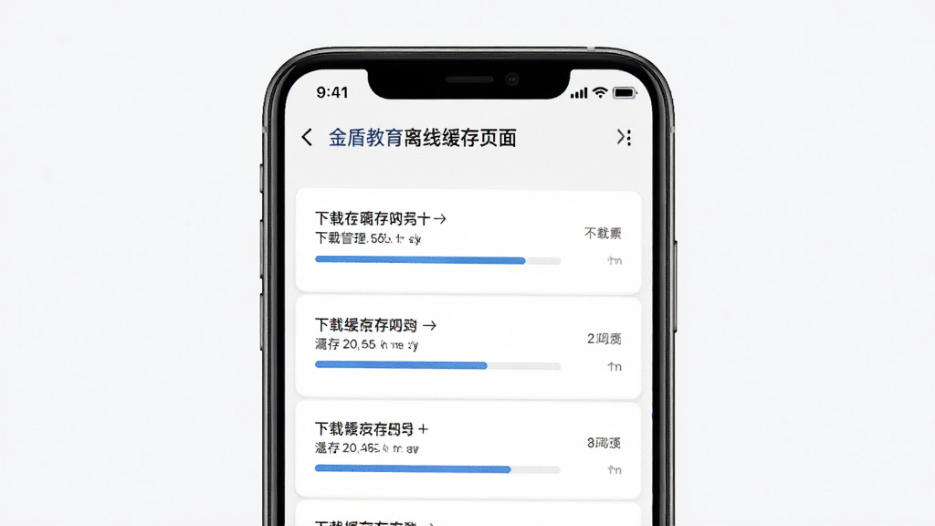 金盾教育离线缓存页面,主体为手机屏幕显示下载管理列表,布局列表式,排版有序,风格简约,细节包含缓存进度条,画质高清,干净,无多余元素
