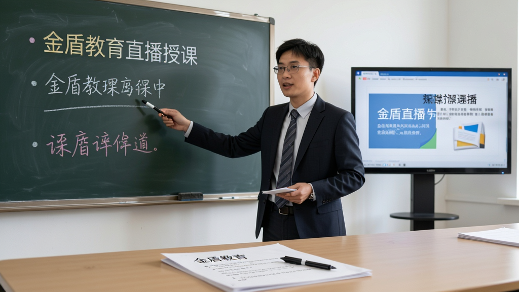 金盾教育直播授课场景,主体为讲师在黑板前讲解,屏幕上有课件内容,布局居中,排版专业,风格写实教育,细节包含讲义与笔,画质高清,干净,无多余元素
