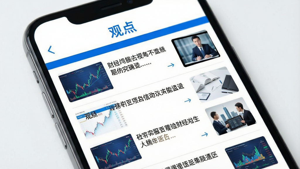 一张手机屏幕展示观点APP的资讯列表界面,顶部有“观点”字样,列表包含多条财经新闻标题和缩略图,整体风格简洁商务,蓝白配色,高清晰度,干净无多余元素