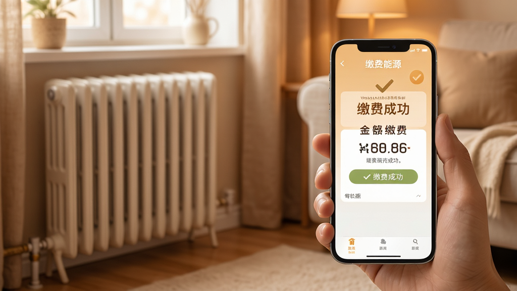 南疆能源APP暖气缴费界面,主体为一个温馨的室内场景,暖气片旁放着一部手机,屏幕上显示缴费成功提示,布局采用暖色调,风格写实,细节包括“缴费成功”字样和金额数字,画质柔和,无多余元素