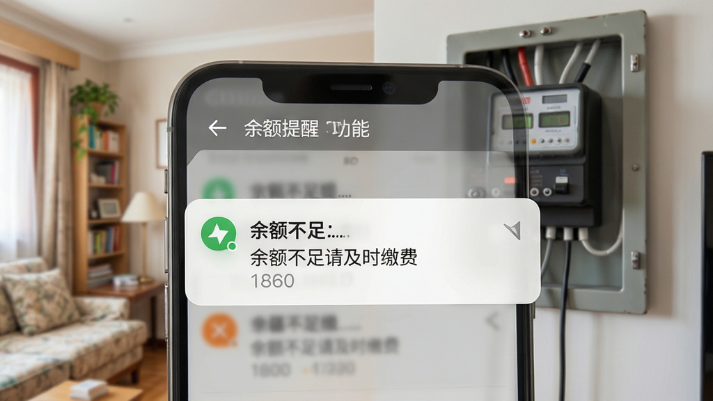南疆能源APP余额提醒功能示意图,主体为手机通知栏弹出余额不足提醒,背景为客厅电表箱,布局简洁直观,风格实用,细节包含“余额不足请及时缴费”文字,画质清晰,无多余元素