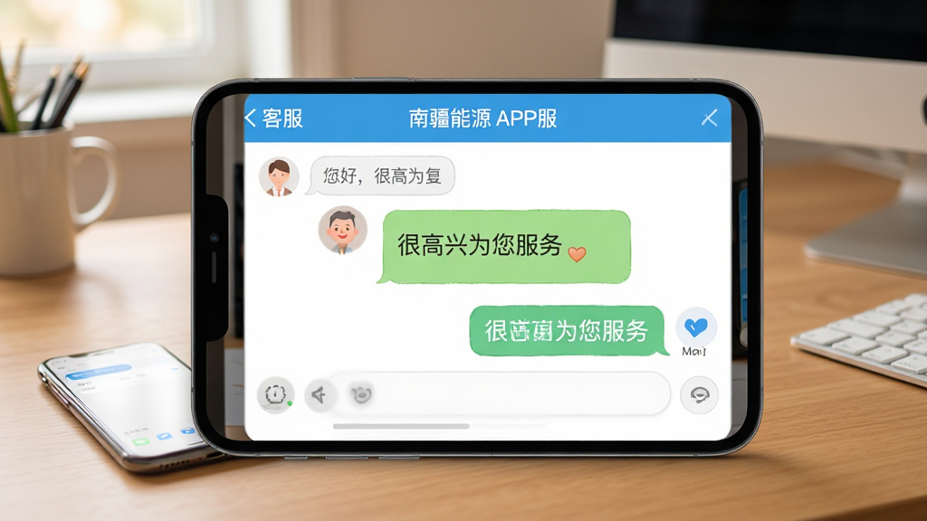 南疆能源APP客服界面,主体为聊天窗口显示客服回复,背景为办公桌上有手机,布局轻松友好,风格温馨,细节包括“您好,很高兴为您服务”文字,画质干净,无多余元素