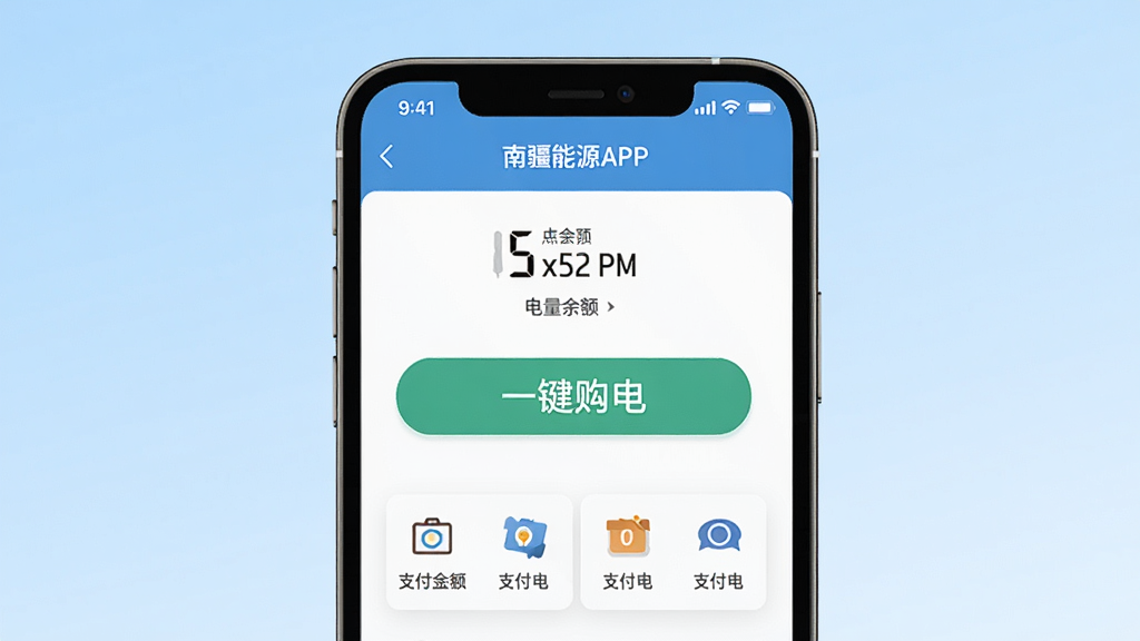 南疆能源APP界面展示,主体为一部智能手机屏幕显示购电页面,背景为简洁的浅蓝色渐变,布局居中,突出“一键购电”按钮,风格扁平化,细节包括电量余额数字和支付选项图标,画质清晰干净,无多余元素