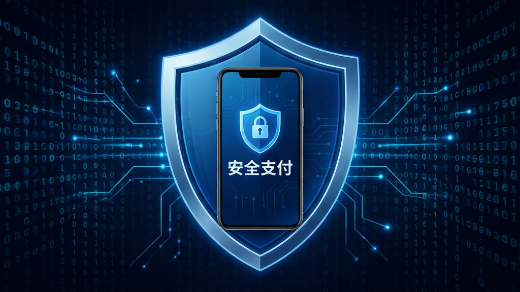 南疆能源APP安全防护概念图,主体为盾牌图标包裹着手机,背景为数字代码流,布局对称,风格科技感,细节包括“安全支付”字样,画质高清晰,无多余元素