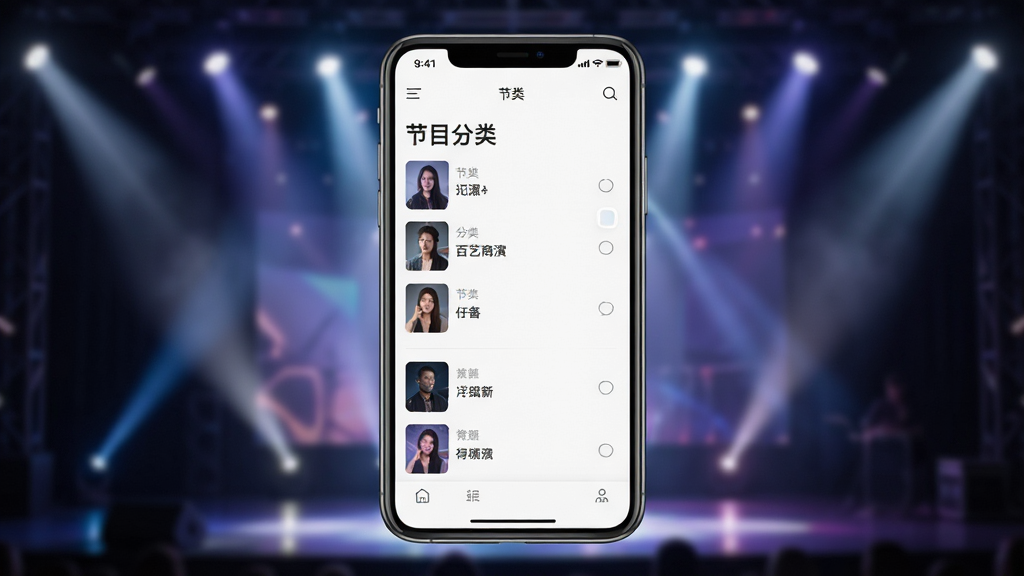 百艺商演APP功能界面展示,主体为手机屏幕截图,展示节目库分类列表,背景为舞台灯光效果,布局居中,排版清晰,风格现代简约,细节丰富,画质高清干净,无多余元素