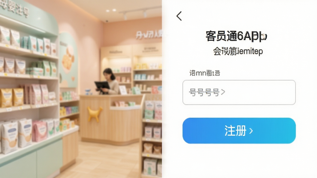 客员通APP会员注册界面,清晰展示手机号输入框与注册按钮,背景为母婴店温馨场景,界面简洁明亮,按钮突出,画质干净无多余元素
