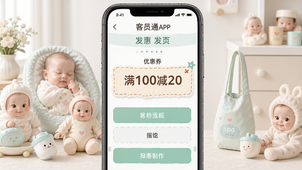 客员通APP发券页面,显示优惠券制作界面,有“满100减20”字样,背景为可爱的母婴商品,风格清新,排版整齐,细节丰富,画质高清