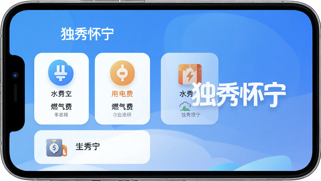 独秀怀宁APP生活缴费功能界面展示,手机屏幕显示水费、电费、燃气费等缴费选项,背景为简洁的蓝色渐变,界面布局清晰,图标圆润,配以白色文字“独秀怀宁”,整体风格干净现代,画质高清,无多余元素