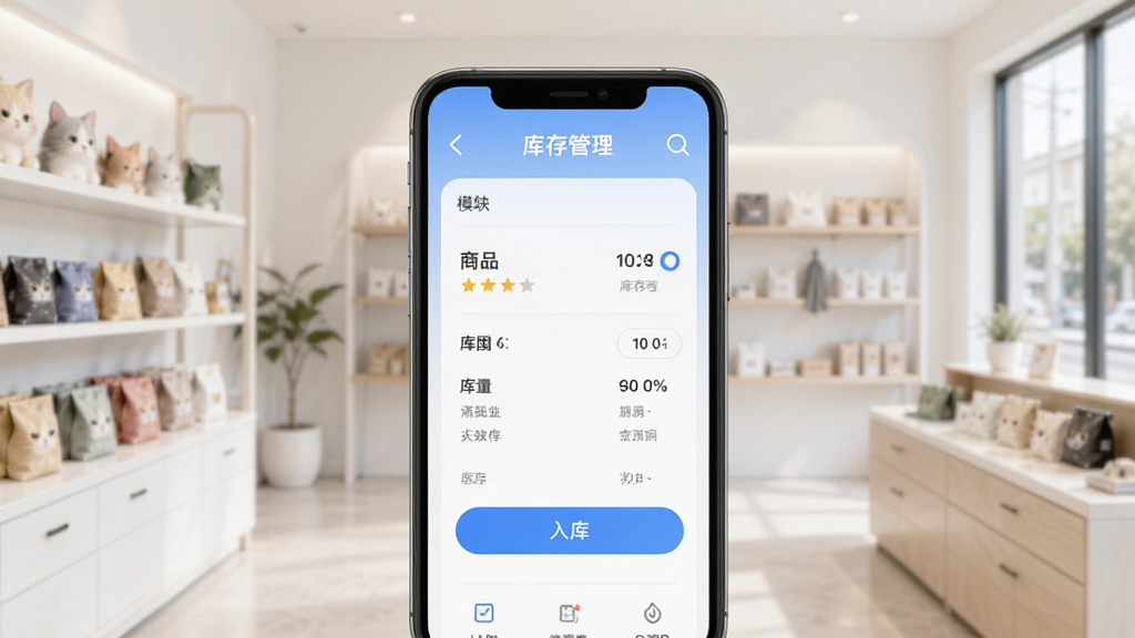 卖货猫软件界面展示,手机屏幕上显示库存管理模块,包含商品列表、库存数量、入库按钮,背景为整洁的店铺环境,整体风格简洁明亮,UI设计现代化,画质清晰干净,无多余元素