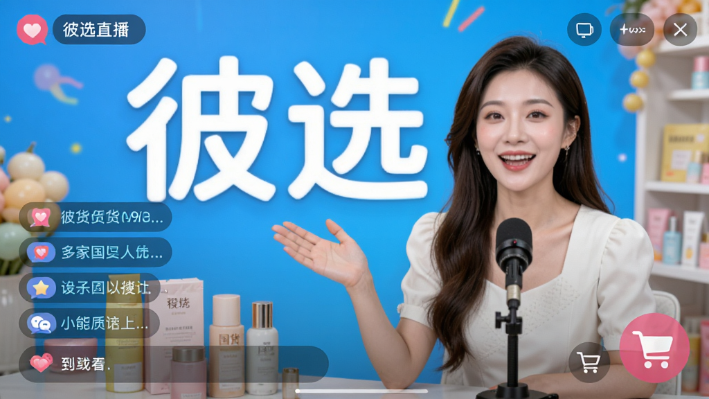彼选直播间界面设计图,主播正在介绍国货产品,背景有“彼选”字样,布局包含评论互动区与购物车图标,风格明亮活泼,细节突出直播氛围,画质清晰,无杂乱元素