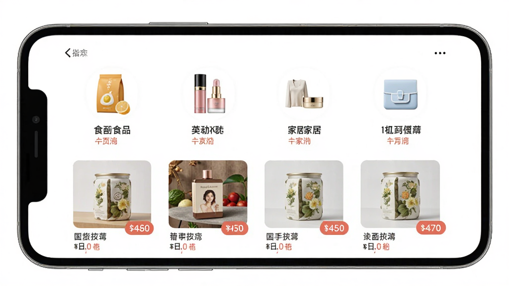 一张展示彼选APP内多品类国货商品的界面截图,主体为手机屏幕,布局清晰,有食品、美妆、家居等分类图标,风格现代简约,细节包含商品缩略图与价格标签,画质高清,干净无多余元素