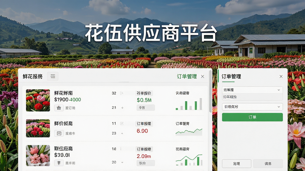 花伍供应商平台 界面截图,展示鲜花报价列表和订单管理功能,背景为云南鲜花种植基地,画面清晰干净,文字标注“花伍供应商平台”,排版整洁,风格写实,细节丰富,画质高清