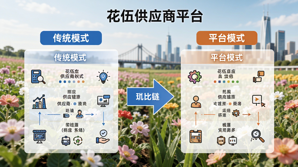 花伍供应商平台 供应链对比图,左为传统模式,右为平台模式,中间用箭头连接,背景为花田与城市,主体突出,布局对比式,排版清晰,风格商务,细节丰富,画质高清