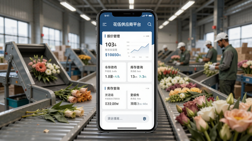 花伍供应商平台 功能示意图,手机界面展示报价管理、库存查询等模块,背景为鲜花分拣中心,主体突出,布局合理,排版清晰,风格商务简约,细节丰富,画质高清