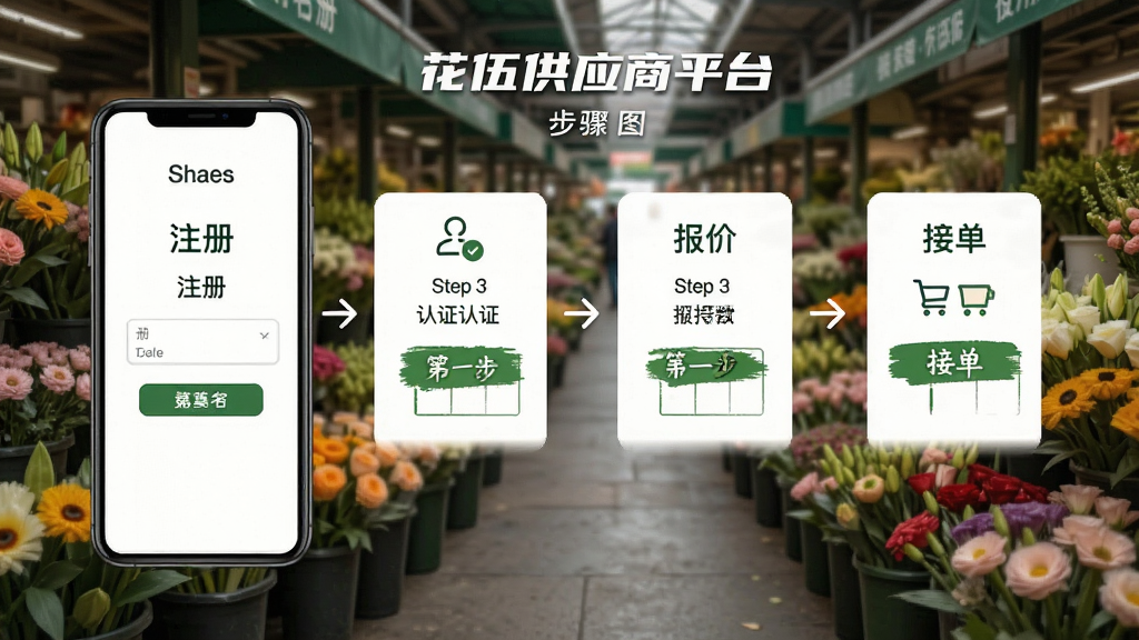 花伍供应商平台 使用步骤图,手机界面展示注册、认证、报价、接单等流程,背景为鲜花市场,主体明确,布局步骤化,排版整齐,风格简洁明了,细节丰富,画质高清