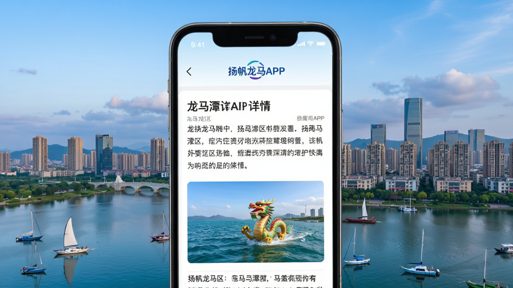 扬帆龙马APP在手机上展示新闻详情页面,包含文字和图片,背景为龙马潭区城市风景,页面简洁现代,高画质,干净无多余元素