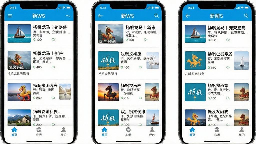 扬帆龙马手机应用主界面截图,展示新闻列表和底部导航栏,布局清晰,色彩明亮,现代扁平化设计风格,高画质,干净无多余元素