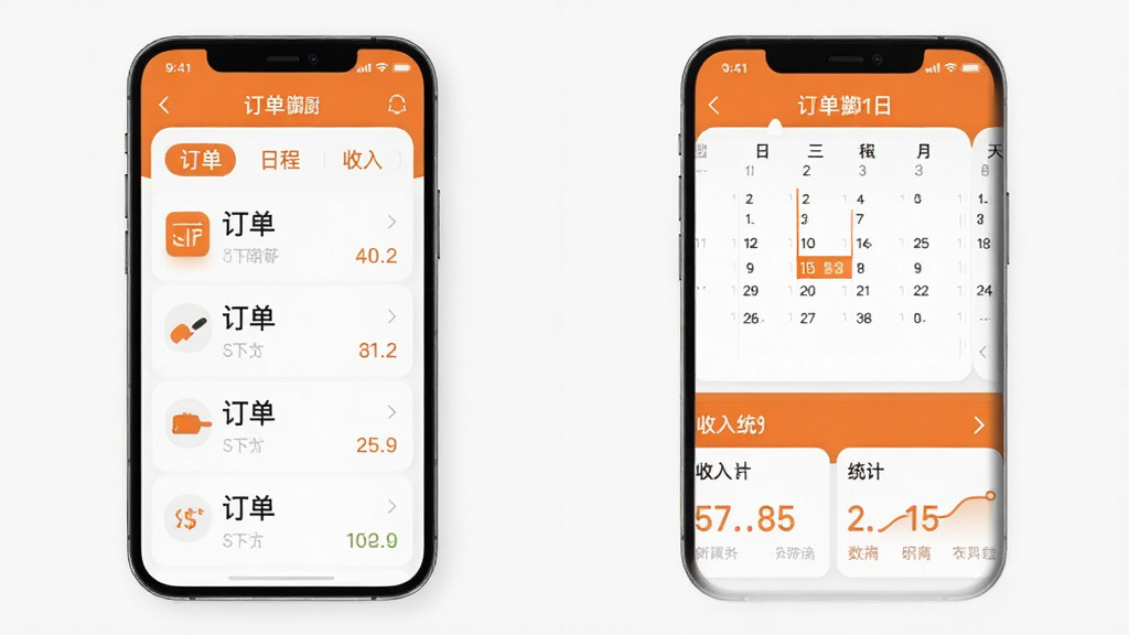 一席御厨厨师端主界面功能展示,手机屏幕显示订单列表、日历日程、收入统计等模块,界面简洁现代,以橙色和白色为主色调,文字标签“订单”“日程”“收入”,扁平化设计风格,高清画质,干净无多余元素