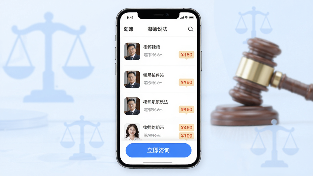 淘个说法APP界面展示,背景为淡蓝色法治元素,主视觉为手机屏幕中显示律师列表与价格标签,下方有“立即咨询”按钮,整体风格简洁现代,UI设计干净,高画质,无多余元素