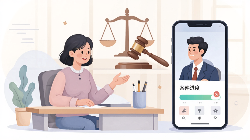 淘个说法法律咨询场景插画,一位用户坐在桌前与律师视频沟通,旁边展示手机中的案件进度条,背景有天平、法槌图标,画面明亮,采用扁平化风格,色彩柔和,细节清晰,无杂乱元素