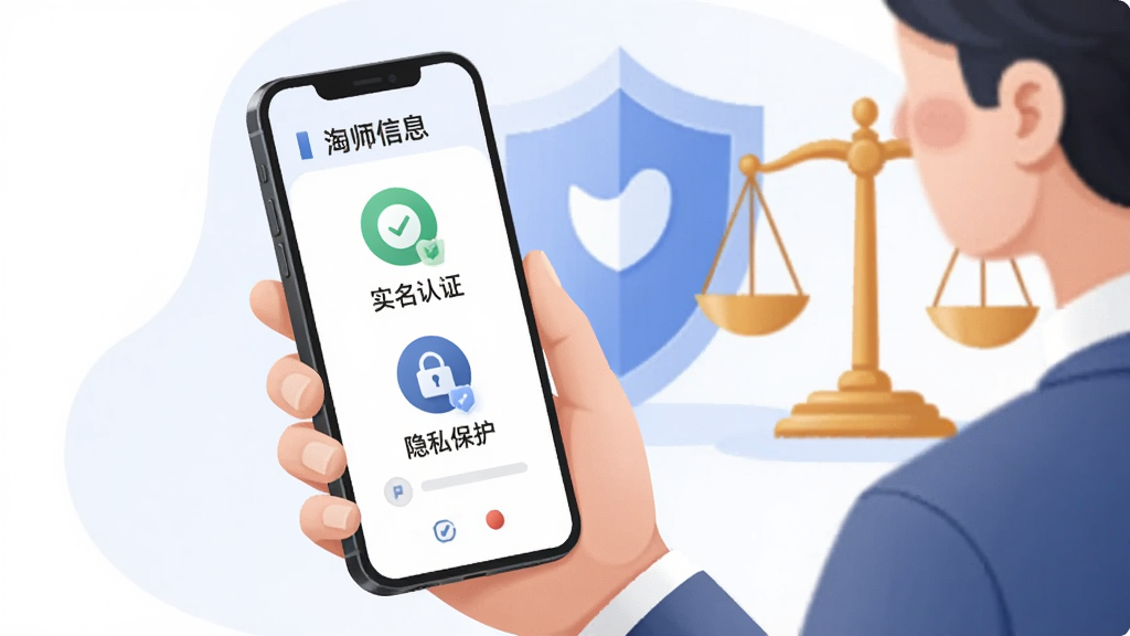 淘个说法用户安全使用场景,插画风格,用户手持手机查看律师信息,屏幕显示“实名认证”“隐私保护”图标,背景有盾牌与法律天平元素,浅色系配色,画面干净整洁,细节丰富,高清分辨率