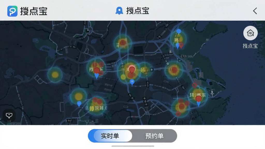 �ӵ㱦����˾����APP�����ͼ����ʾ�����ɵ�ҳ�棬��ͼ�Ϸֲ��Ŷ�������ȵ㣬�ײ��С�ʵʱ�����͡�ԤԼ�����л���ť�������������������С��ӵ㱦��Ʒ�Ʊ�ʶ�����ʸɾ��޶���Ԫ��
