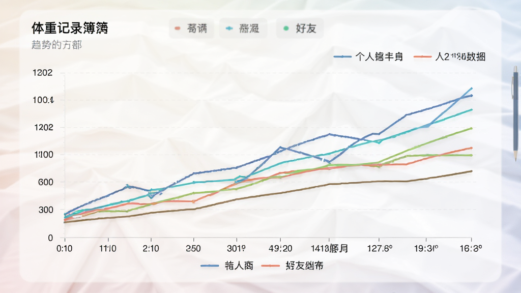 体重记录簿趋势图表界面,多色折线对比个人与好友数据,时间轴清晰,图例明确,背景柔和,无多余元素,画质高清