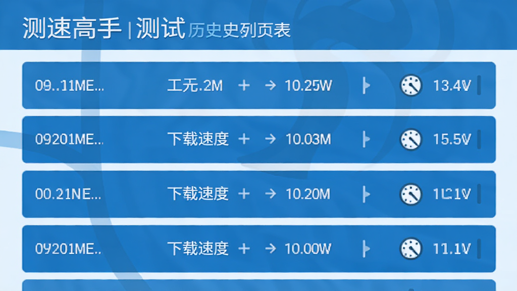 ���ٸ��ֲ�����ʷ�б�ҳ�棬��ʾ�������ټ�¼��ÿ������ʱ�䡢�����ٶȡ��ϴ��ٶȡ��ӳ�ͼ�꣬��ƽ����ƣ���ɫ�������������ȣ��ɾ��޶���Ԫ��