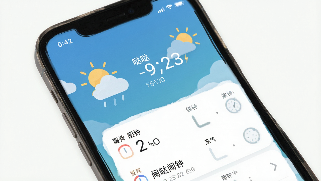 哒哒天气闹钟主界面展示,手机屏幕显示天气信息与闹钟列表,布局清晰,扁平化设计风格,色彩清新自然,细节丰富,画质干净无多余元素