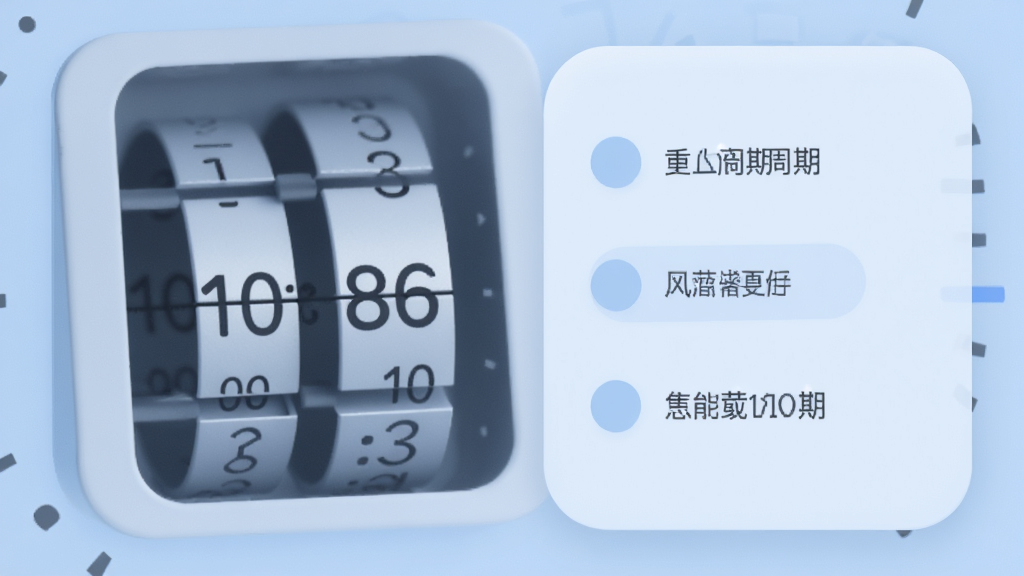 闹钟设置界面特写,显示时间滚轮和重复周期选项,界面简洁,圆角卡片设计,柔和的蓝色调,画质清晰干净,无多余元素