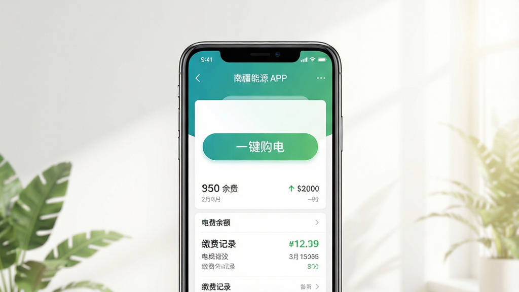 南疆能源APP界面展示,主体为手机屏幕上的购电操作页面,背景简洁明亮,布局居中,突出“一键购电”按钮,风格清新自然,细节显示电费余额和缴费记录,画质清晰干净,无多余元素
