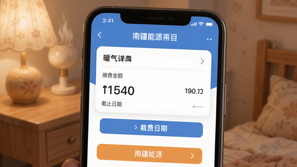 南疆能源APP暖气缴费页面,主体为手机界面,展示暖气费账单详情,布局规整,风格温馨,细节包含缴费金额和截止日期,画质柔和,无多余元素