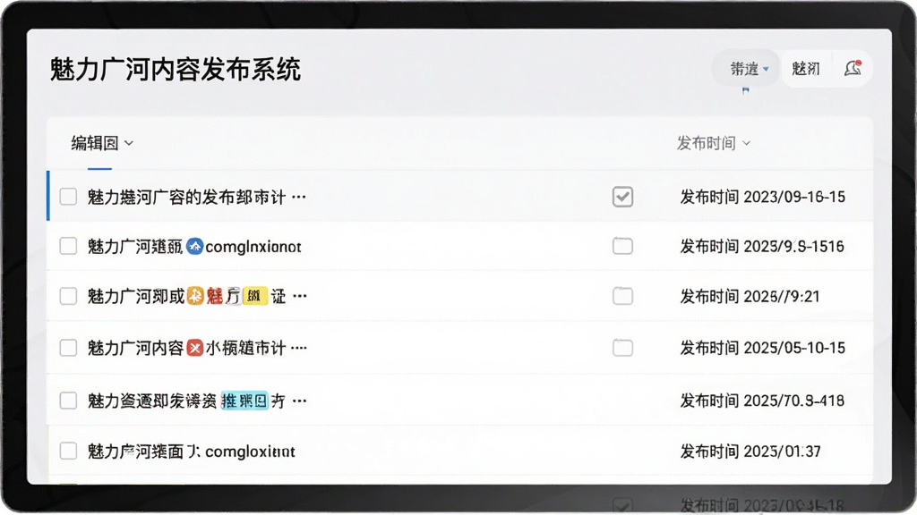 新闻编辑后台界面,显示魅力广河内容发布系统,有标题列表和发布时间,背景为浅灰色,风格极简,细节清晰,画质干净无多余元素