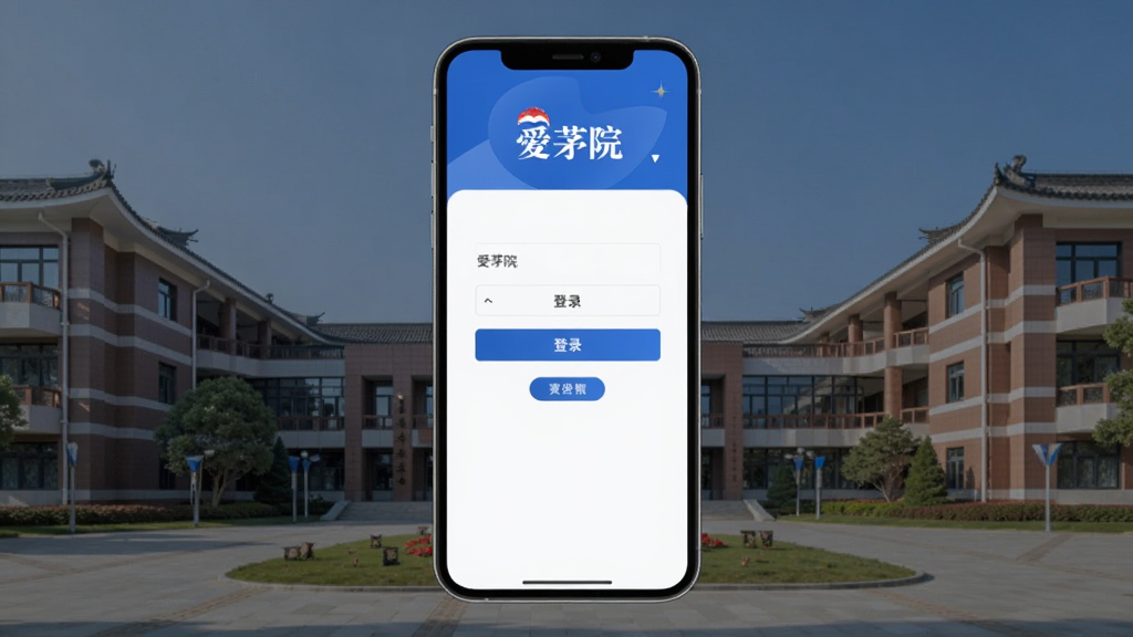 茅院登录界面,手机屏幕中央显示登录表单,背景为茅台学院校园建筑,界面风格简洁现代,蓝色调为主,画质清晰,干净无多余元素,带有“茅院”字样