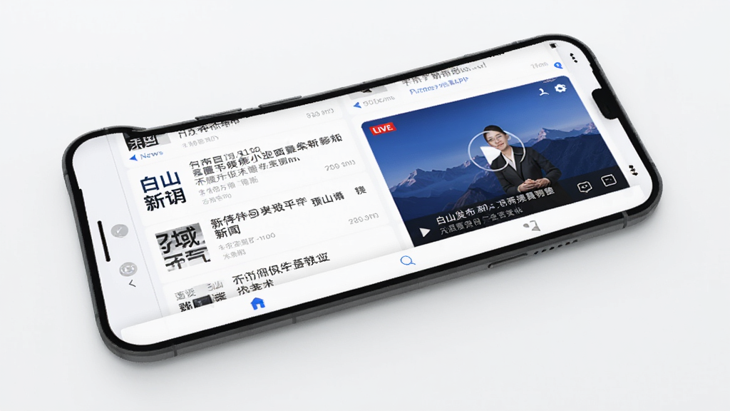 白山发布APP界面,手机屏幕展示新闻列表和直播窗口,白色背景,蓝色主色调,简洁现代风格,高清画质,干净无多余元素