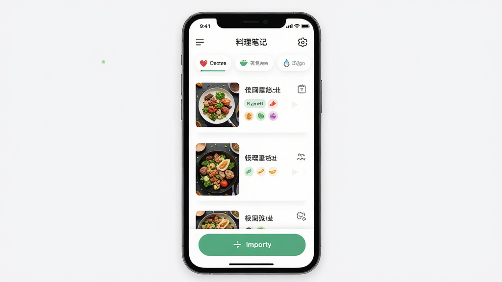 料理笔记App界面展示,主体为手机屏幕,布局清晰展示菜谱列表和导入按钮,排版简洁,现代扁平化风格,细节包括食材标签和分类图标,画质高清干净无多余元素