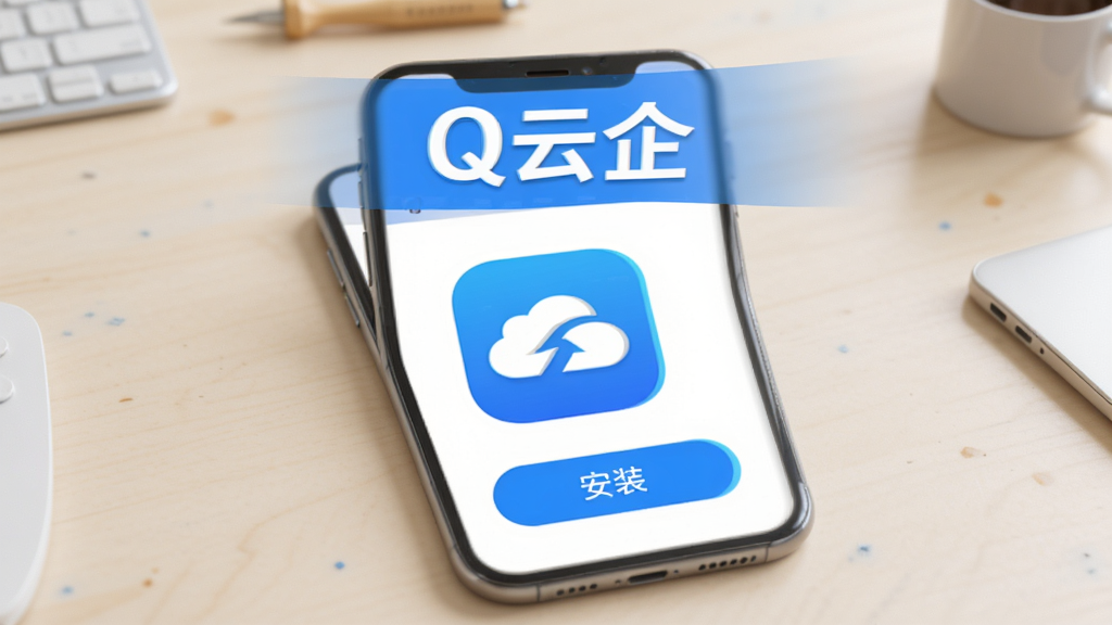 Q云企手机应用安装界面,显示应用图标和“安装”按钮,背景为干净的浅色工作台,上方有“Q云企”字样的横幅,整体布局简洁,扁平化风格,色彩以蓝白为主,画质高清,细节丰富,无多余元素