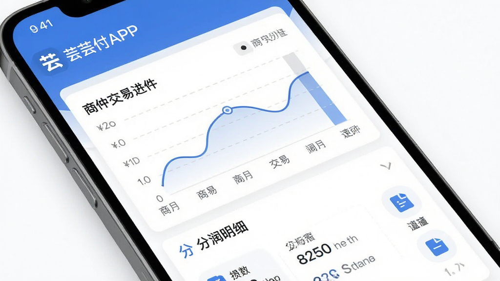 芸芸付APP界面截图展示,主体为手机屏幕内显示商户进件、交易图表、分润明细等模块,布局清晰,排版简洁,风格现代商务,细节包含数据曲线和功能图标,画质高清干净无多余元素