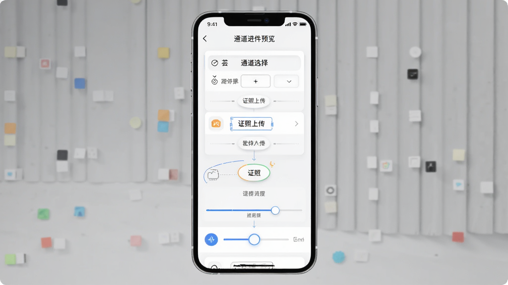芸芸付多通道进件功能预览,主体为手机表单界面显示“通道选择”“证照上传”等步骤,布局为纵向流程,排版规整,风格清爽,细节有填写提示和进度条,画质干净无杂乱元素