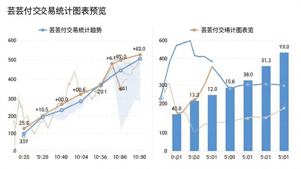 芸芸付交易统计图表预览,主体为折线图和柱状图展示交易趋势,布局分左右两栏,排版清晰,风格简约,细节标注数据点和时间轴,画质干净无多余元素