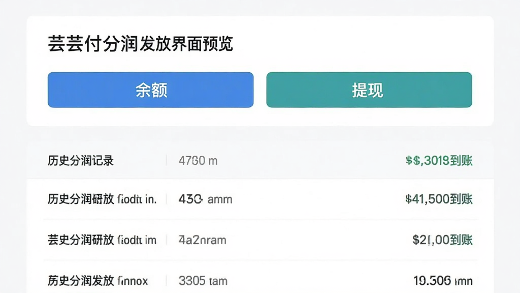 芸芸付分润发放界面预览,主体为余额和提现按钮,下方列表显示历史分润记录,布局简洁,排版舒适,风格商务,细节有到账状态标记,画质干净无多余元素