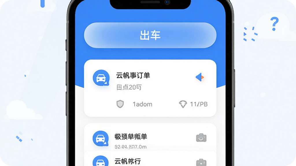云帆优行司机端APP主界面展示,顶部显示“出车”按钮,下方订单卡片清晰,背景简洁,扁平化设计,图标圆润,色彩以蓝色和白色为主,整体干净明亮,画质高清,无多余元素。